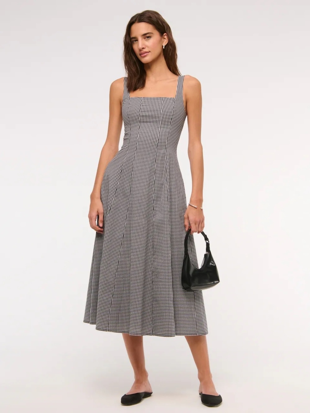 Abercrombie & Fitch Mila Stretch Black and White Gingham Square-Neck Midi Dress
